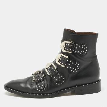 Pre Owned Givenchy Black Leather Studded Buckle Detail Ankle Boots Size 41