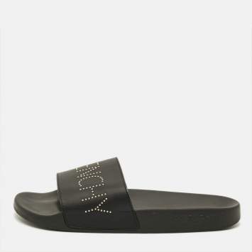 مملوكة مسبقًا Givenchy Size 45 Black Leather Logo Flat Sandals