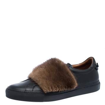 Pre Owned Givenchy Black Leather And Brown Mink Fur Urban Street Slip On Sneakers Size 43