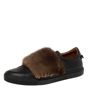 Pre Owned Givenchy Black/Brown Leather and Mink Fur Urban Street Slip On Sneakers Size 45