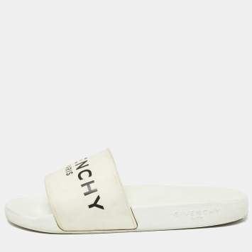 Pre Owned Givenchy White Rubber Logo Flat Slides Size 43