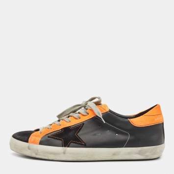 Pre Owned Golden Goose Neon Orange/Black Leather and Suede Superstar Low Top Sneakers Size 43