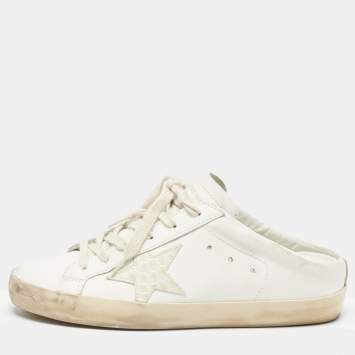 Pre Owned Golden Goose White Leather and Croc Embossed Superstar Sneaker Mules Size 39