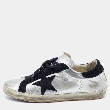 Pre Owned Golden Goose Silver/Black Leather and Suede Superstar Low-Top Sneakers Size 39