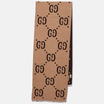 Pre Owned Gucci Beige/Brown GG Jacquard Wool Freedom Scarf