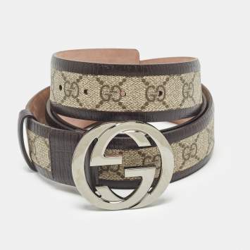 Pre Owned Gucci Brown/Beige GG Supreme Canvas and Leather Interlocking G Belt 120CM