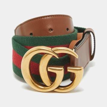 Pre Owned Gucci Brown Web Canvas and Leather GG Marmont Buckle Belt 95CM
