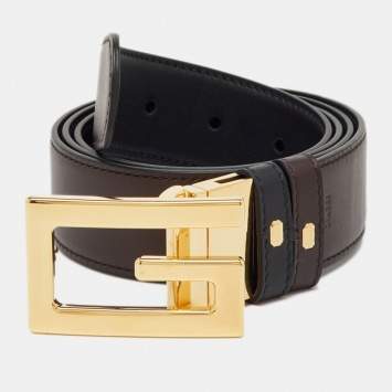 Pre Owned Gucci Black/Brown Leather G Buckle Belt 100CM