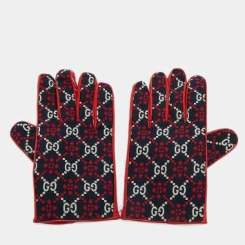 Pre Owned Gucci Gloves L Navy Blue/Red Diamond GG Canvas and Leather