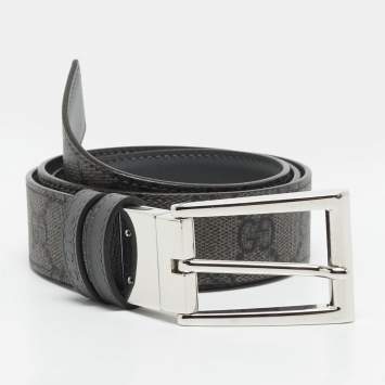Pre Owned Gucci 85 CM Reversible Rectangular Buckle Belt Grey GG Supreme Canvas and Leather