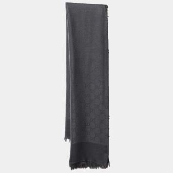 Pre Owned Gucci Grey GG Monogram Jacquard Wool & Silk Scarf