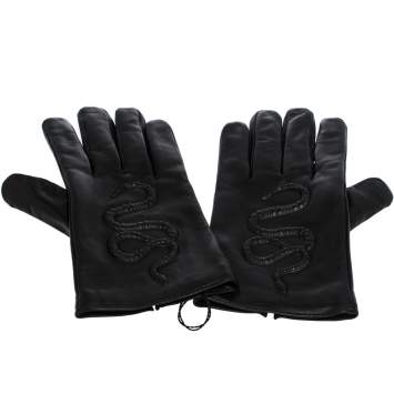 Pre Owned Gucci Black Snake Embossed Leather Gloves Size M