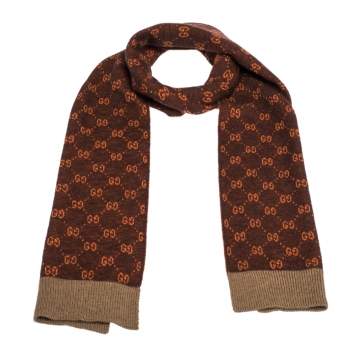 Pre Owned Gucci Rust Supreme GG Monogram Alpaca Wool Scarf 