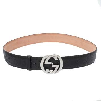 Pre Owned Gucci Black Guccissima Leather Interlocking GG Buckle Belt 100CM