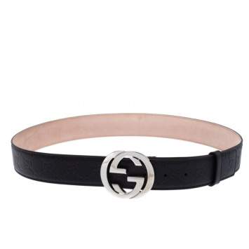Pre Owned Gucci Black Guccissima Leather Interlocking G Buckle Belt 115CM