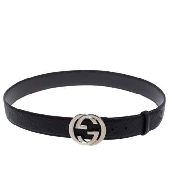 Pre Owned Gucci Black Guccissima Leather Interlocking G Buckle Belt 100CM