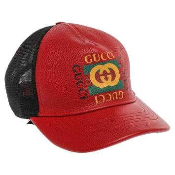 Pre Owned Gucci Red Leather And Nylon Interlocking G Baseball Cap XS
