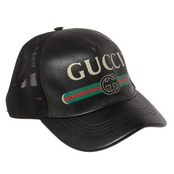 Pre Owned Gucci Black Leather and Nylon Logo Baseball Cap L