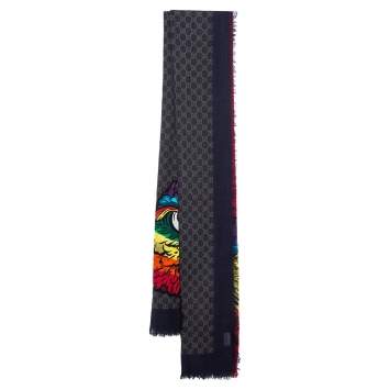 Pre Owned Gucci Grey Eagle Web Printed Wool Scarf