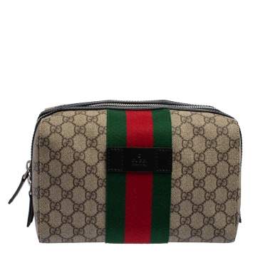 Pre Owned Gucci Beige/Balck GG Supreme Canvas and Leather Web Toiletry Pouch