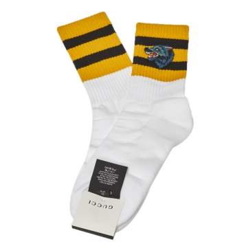 Pre Owned Gucci White Wolf Patch Detail Striped Cotton Socks Size M