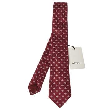 Pre Owned Gucci Burgundy Superbee Silk Jacquard Tie