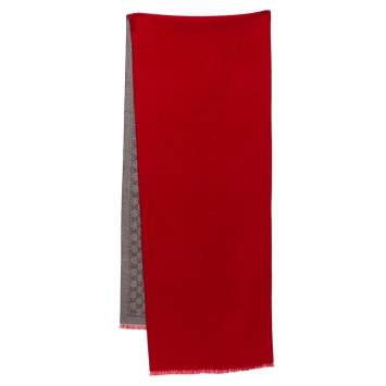 Pre Owned Gucci Brown & Red Monogram Jacquard Wool Scarf