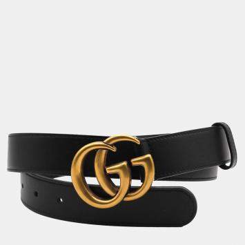 Pre Owned Gucci Black Leather Double G Buckle Belt 90cm