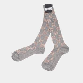 Pre Owned Gucci Silver & Beige  Logo Monogram Lurex Knit Knee High Socks S (8)
