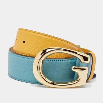 Pre Owned Gucci Mustard/Blue Leather Memorable G Buckle Belt 100CM