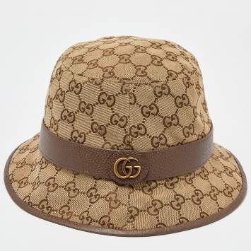 Pre Owned Gucci Brown GG Monogram Leather Trim Canvas Bucket Hat L