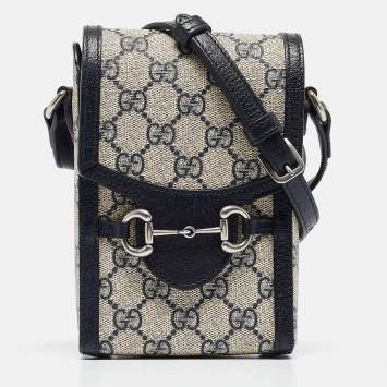 Pre Owned Gucci Beige/Navy Blue GG Supreme Canvas and Leather Mini Horsebit 1955 Crossbody Bag