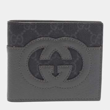 Pre Owned Gucci Grey GG Supreme Canvas and Leather Cut-Out Interlocking G Bifold Wallet