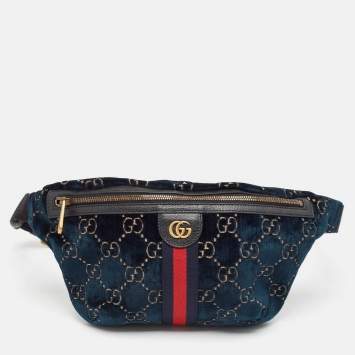 Pre Owned Gucci Blue GG Velvet and Leather Web Belt Bag