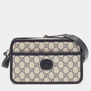 Pre Owned Gucci Beige/Blue GG Supreme Canvas and Leather Mini Interlocking G Shoulder Bag