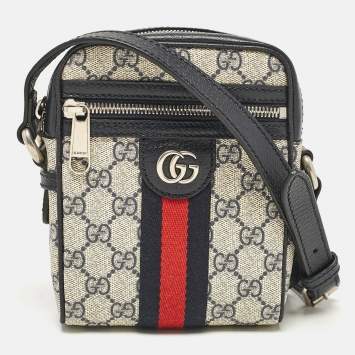 Pre Owned Gucci Beige/Navy Blue GG Supreme Canvas and Leather Ophidia Shoulder Bag