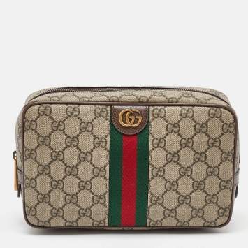 Pre Owned Gucci Beige/Brown GG Supreme Canvas and Leather Ophidia Toiletry Case