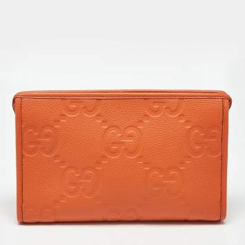 Pre Owned Gucci Neon Orange Jumbo GG Leather Medium Pouch