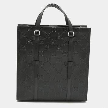 Pre Owned Gucci Black GG Embossed Leather Medium Tote 