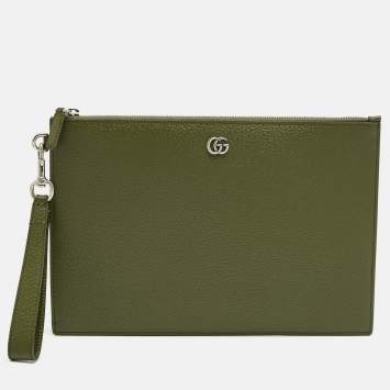 Pre Owned Gucci Fatigue Green Leather GG Marmont Pouch