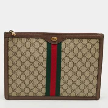 Pre Owned Gucci Brown/Beige GG Supreme Canvas Web Ophidia Portfolio Pouch