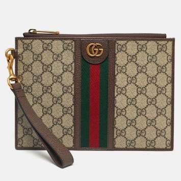 Pre Owned Gucci Beige/Ebony GG Supreme Canvas and Leather Ophidia Pouch