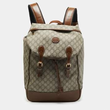 Pre Owned Gucci Beige/Brown GG Supreme Canvas and Leather Drawstring Backpack