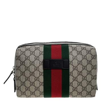 Pre Owned Gucci Beige/Balck GG Supreme Canvas and Leather Web Toiletry Pouch