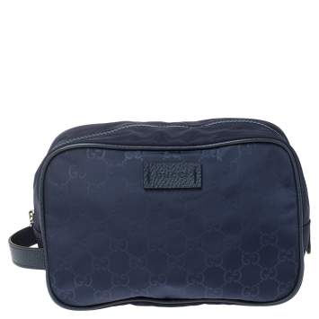 Pre Owned Gucci Blue GG Nylon and Leather Toiletry Pouch