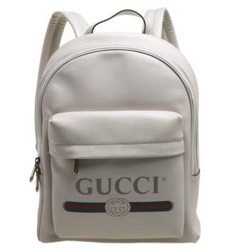 مملوكة مسبقًا Gucci Off White Leather Logo Print Backpack