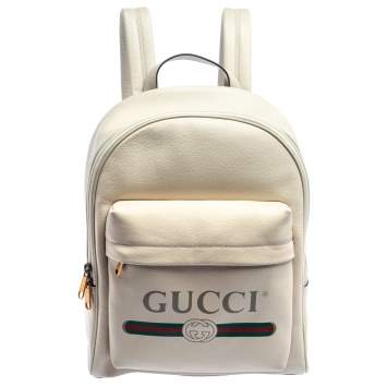 Pre Owned Gucci Off White Leather Logo Print Backpack
