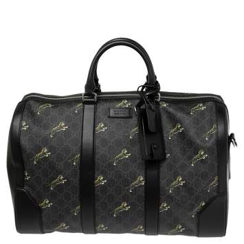 Pre Owned Gucci Black Tiger Print GG Supreme Canvas and Leather Carry On Duffel Bag