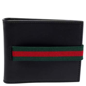 Pre Owned Gucci Black Leather Web Money Clip Bifold Wallet