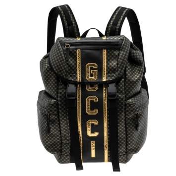 Pre Owned Gucci Black/Gold Interlocking GG Leather And Mesh Dapper Dan Backpack